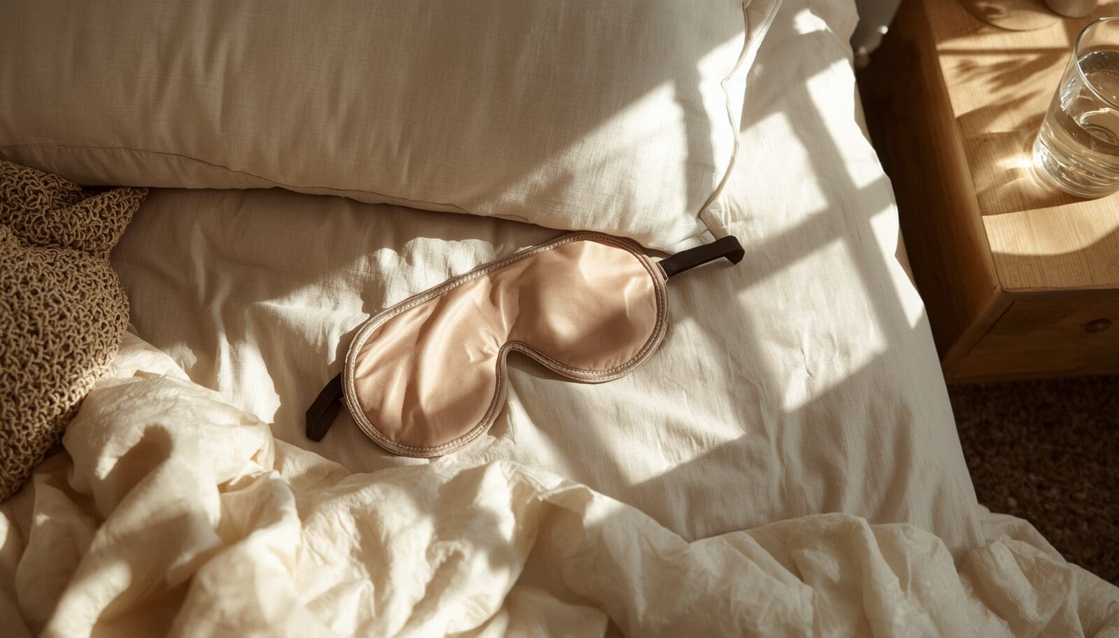 Beige aesthetic bedroom scene with a sleep mask on a neatly made bed, soft sunlight casting shadows, and a glass of water on a bedside table to represent restful sleep and hormone health.
